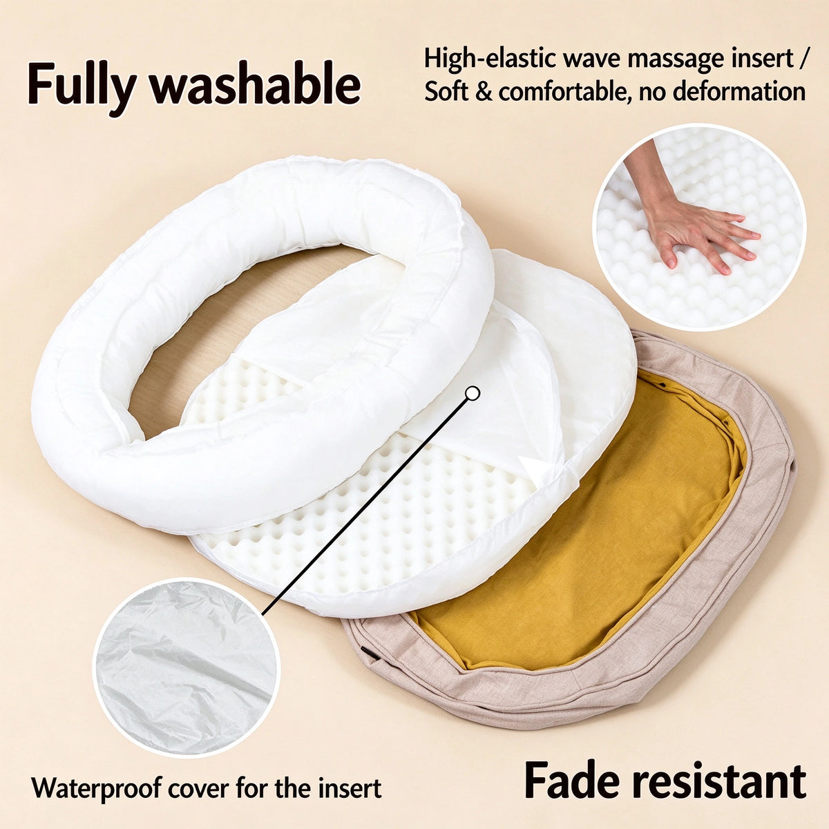 Exploded view of the donut dog bed layers: outer cover, high-elastic wave massage insert, and waterproof cover for the insert, fully washable
