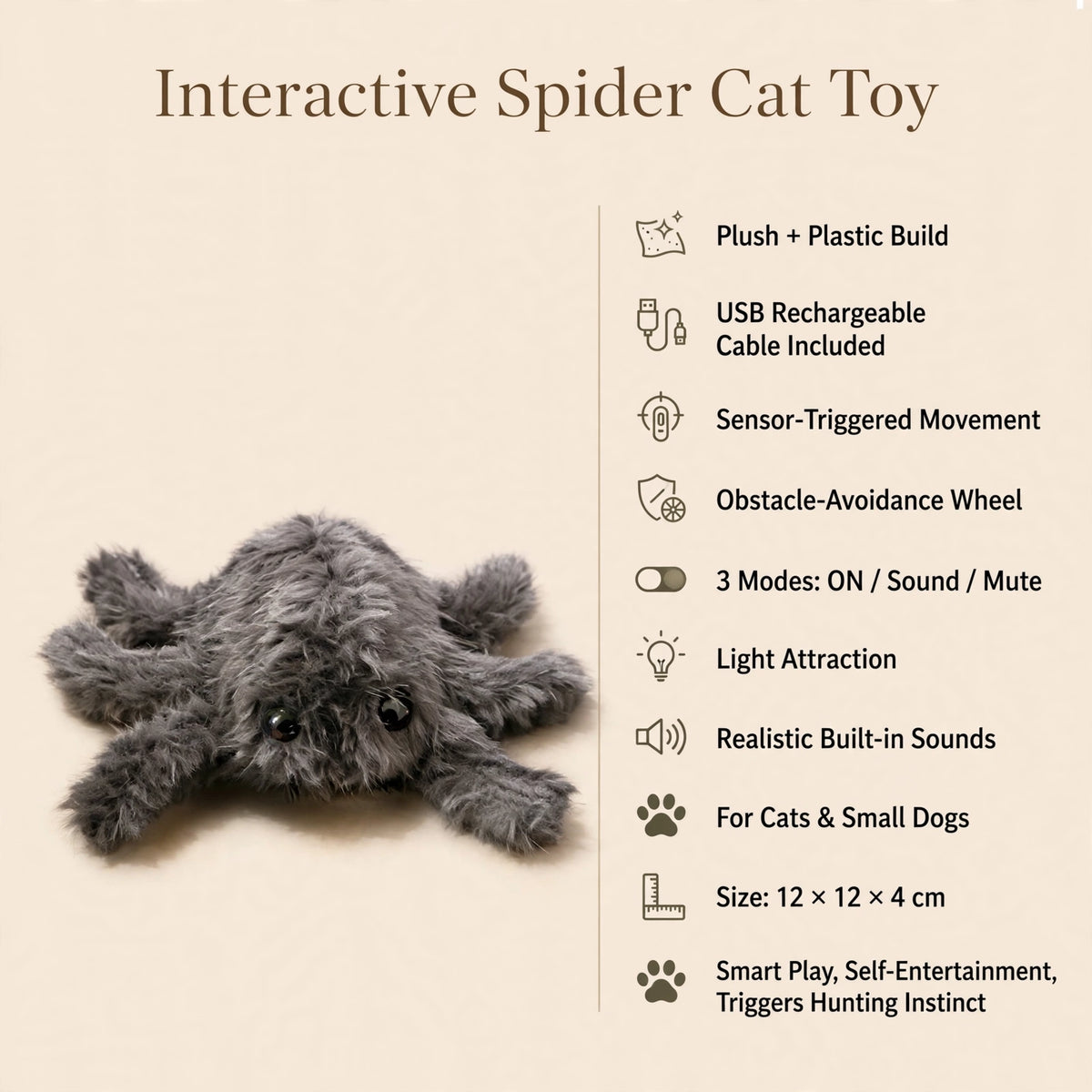 Infographic of the gray plush spider cat toy listing its features: USB recharging, sensor-triggered movement, obstacle-avoidance wheel, three play modes, and 12 by 12 by 4 cm size.