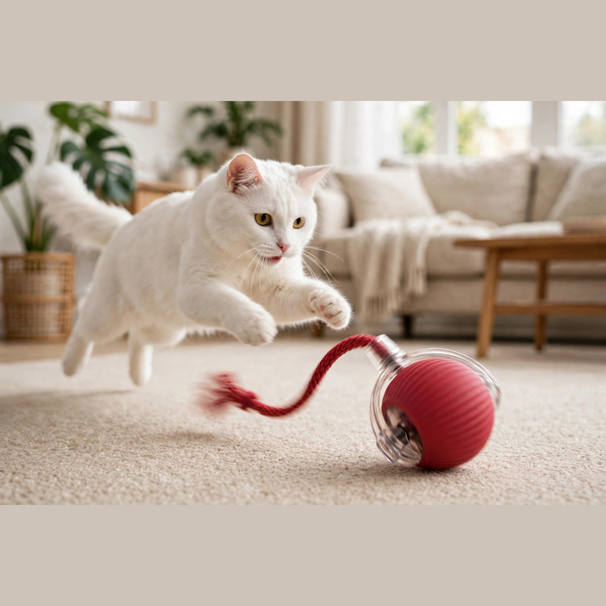 A white cat leaping to pounce on the red rope-textured smart rolling ball with its red braided rope tail on a living room carpet.