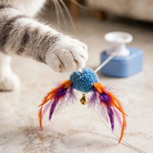 Cat paw swatting the blue feather plush teaser of the automatic cat chaser