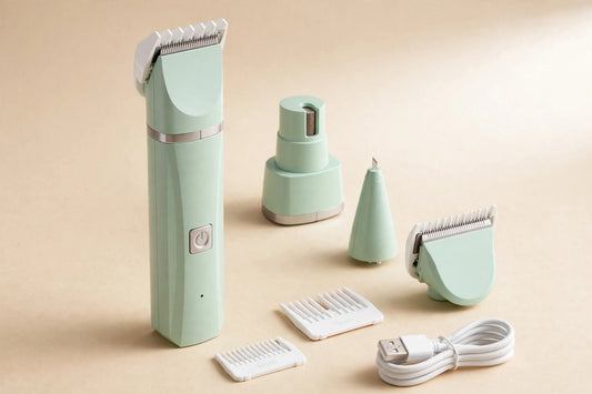 Mint-green standard 4-in-1 pet grooming clipper with the body-clipper head attached and limit comb on the blade, three spare mint-green heads, white limit combs and USB cable arranged on a warm paper background