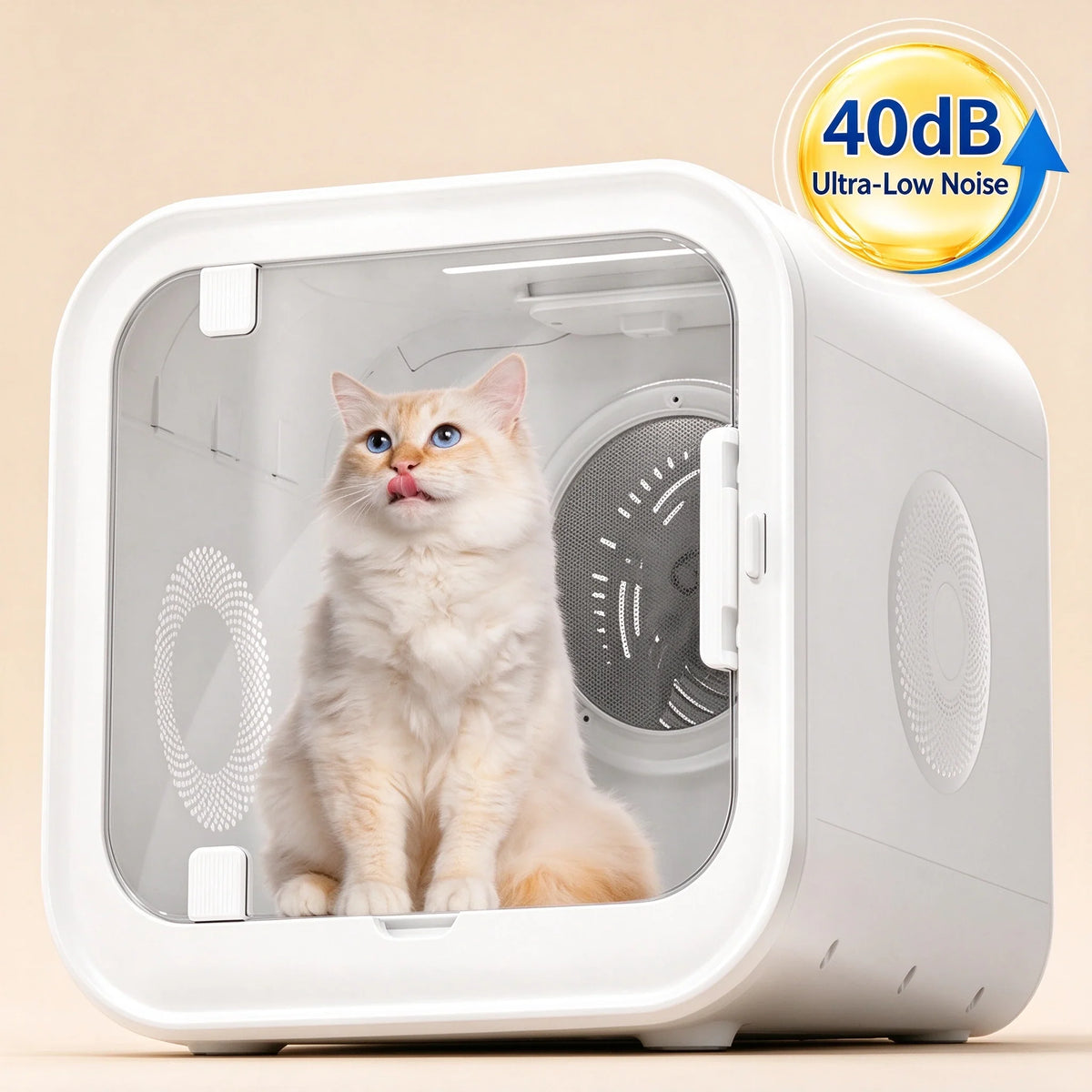 40dB ultra-low noise pet dryer with cream cat inside