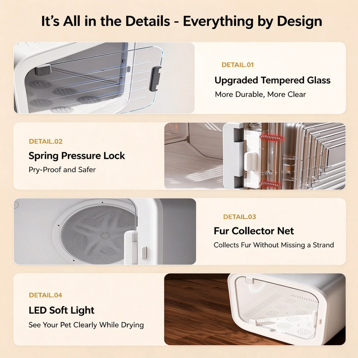 Design details: upgraded tempered glass, spring pressure lock, fur collector net, LED soft light
