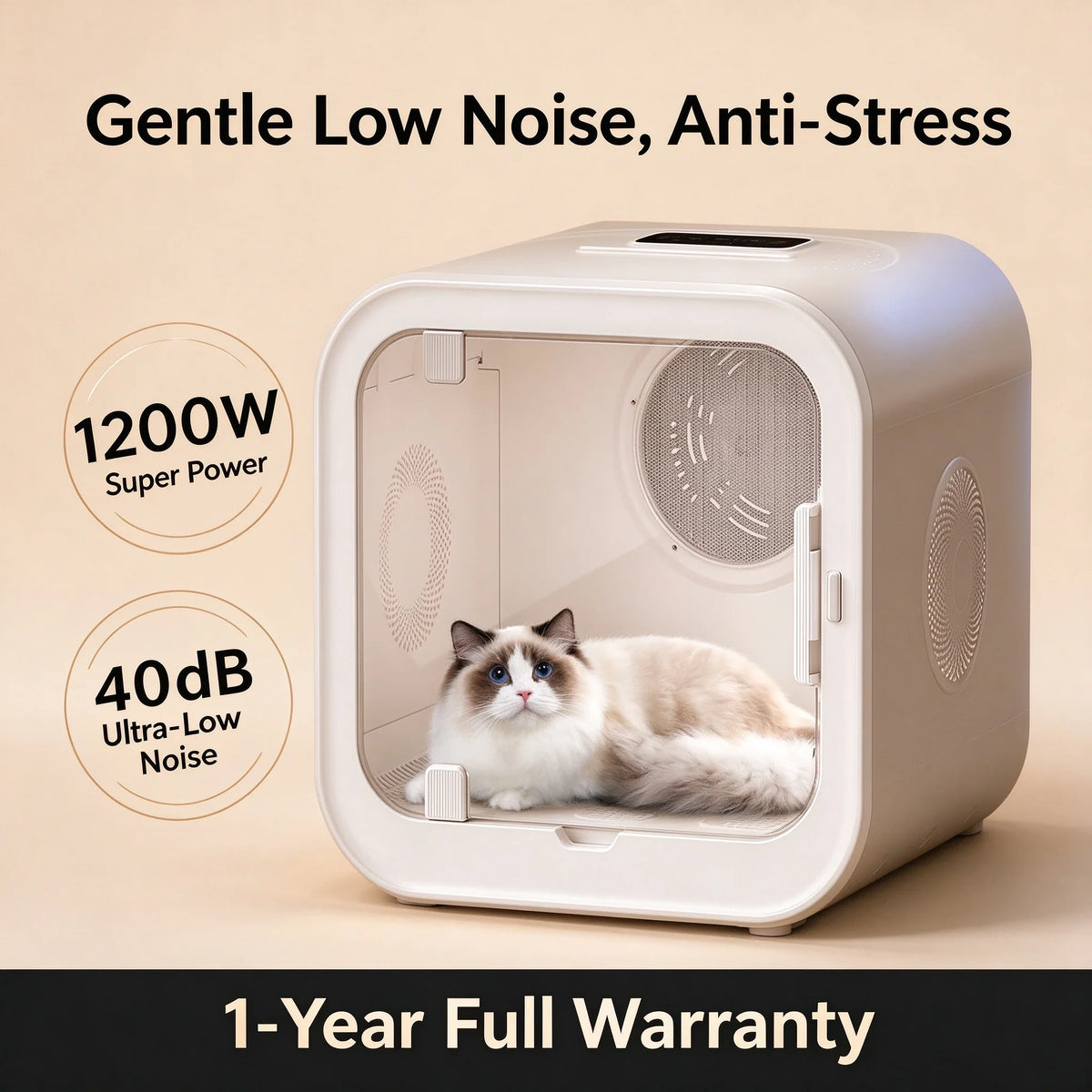 Pet drying box: gentle low noise anti-stress, 1200W, 40dB, 1-year warranty