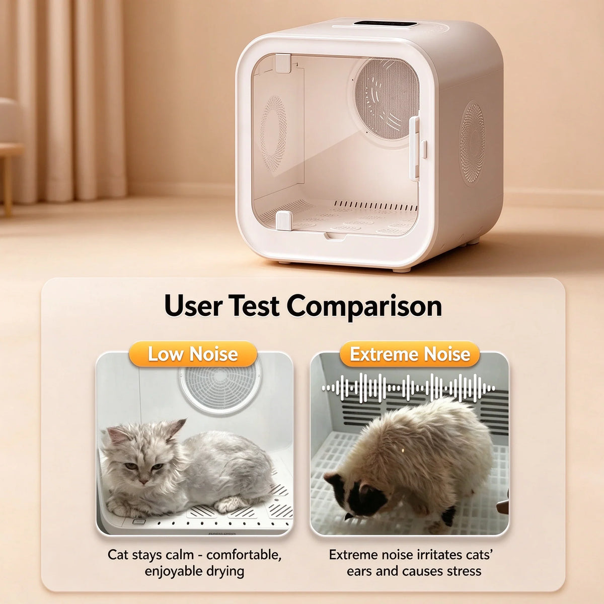 User test: low noise cat stays calm vs extreme noise stress