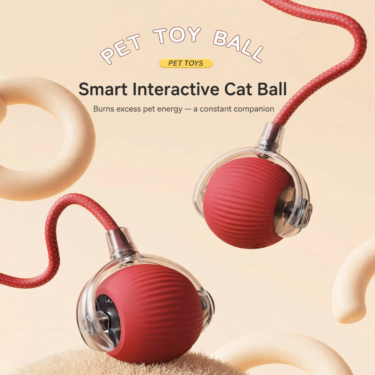 Promotional shot of two red rope-textured smart interactive cat balls with transparent shells and red braided rope tails, under the headline Smart Interactive Cat Ball.