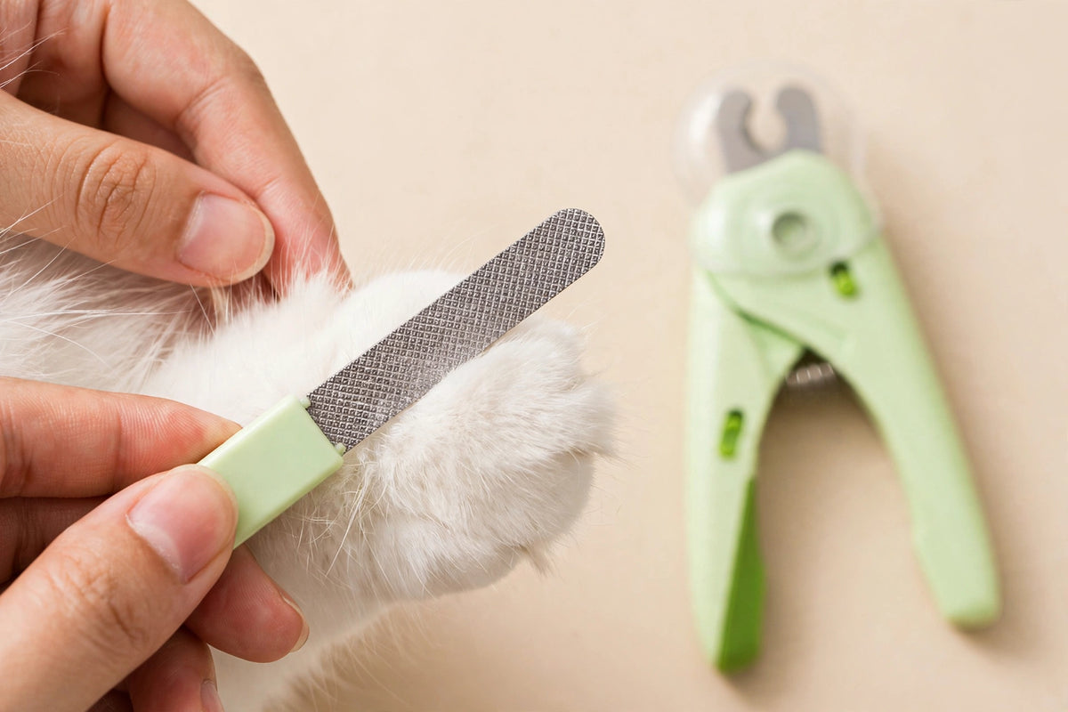 A hand using the built-in nail file on a white cat's paw, with the green LED nail clipper blurred in the background.