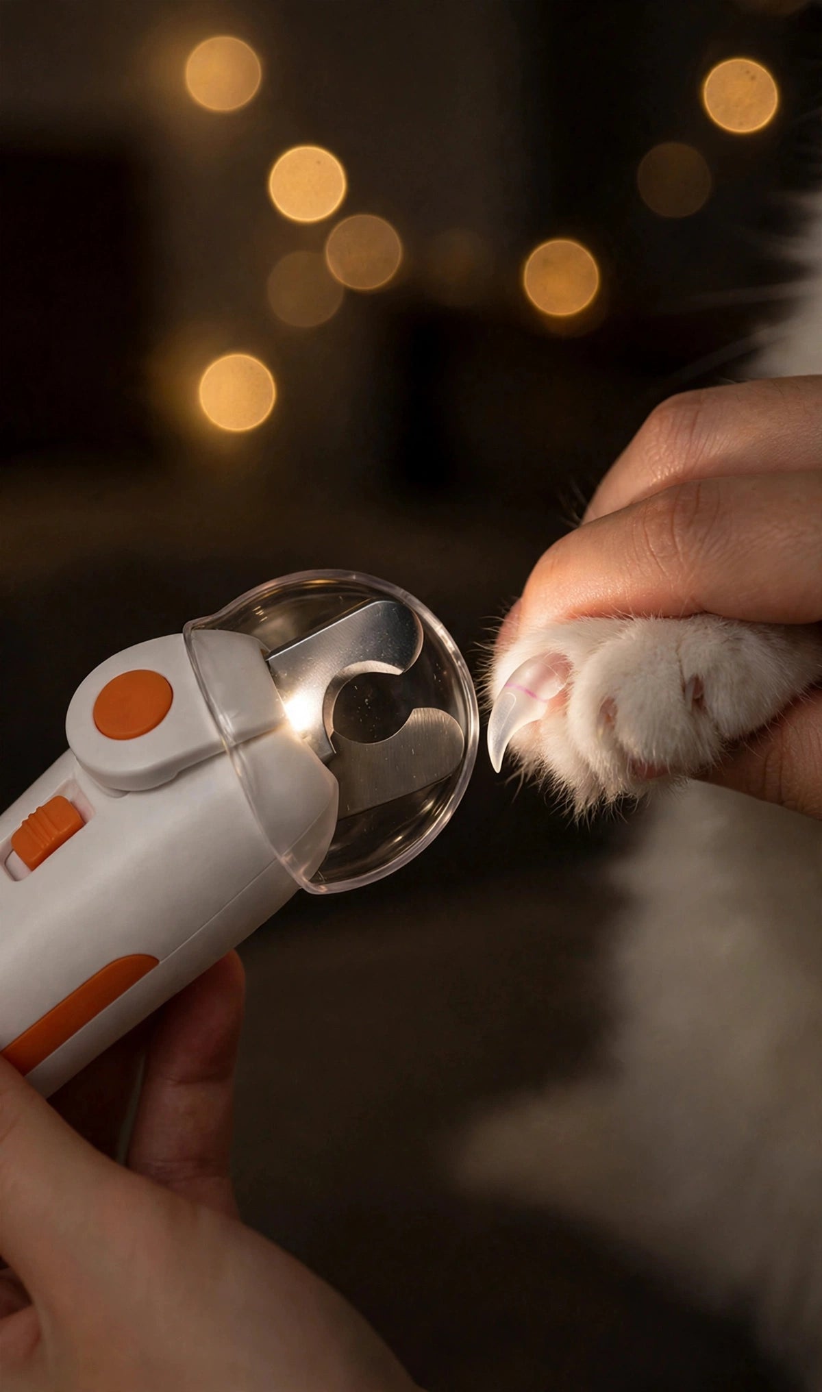 Close-up of the white LED nail clipper with its LED light glowing brightly near the blade as it trims a white cat's claw, with warm bokeh lights in the background.