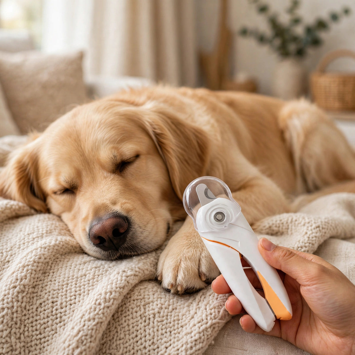 A golden retriever sleeping on a beige blanket while a hand holds the white LED nail clipper with orange accents near its paw.