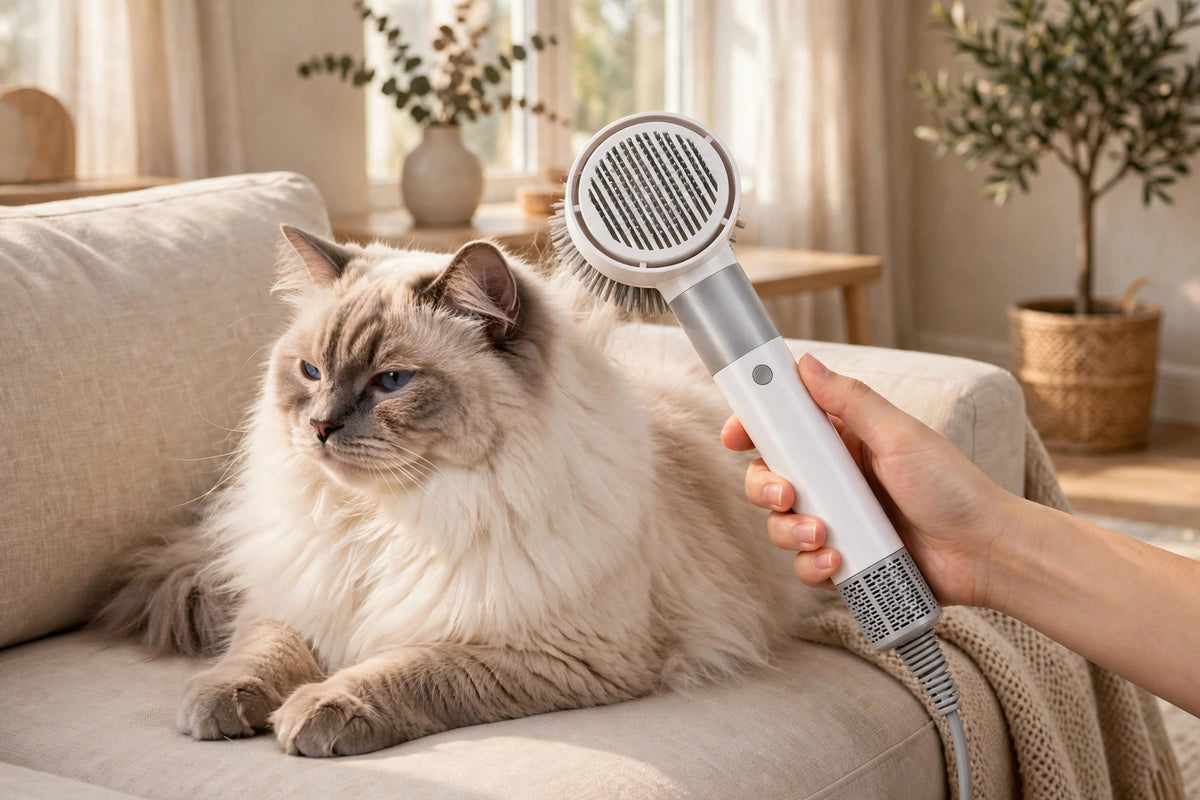 A hand holding the white 2-in-1 pet hair dryer brush near a fluffy blue-eyed Ragdoll cat resting on a beige couch.