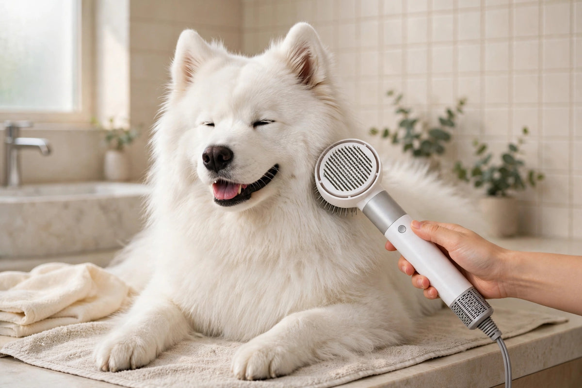 A smiling white Samoyed dog lying on a towel in a bathroom while a hand holds the white 2-in-1 pet hair dryer brush against its fur.