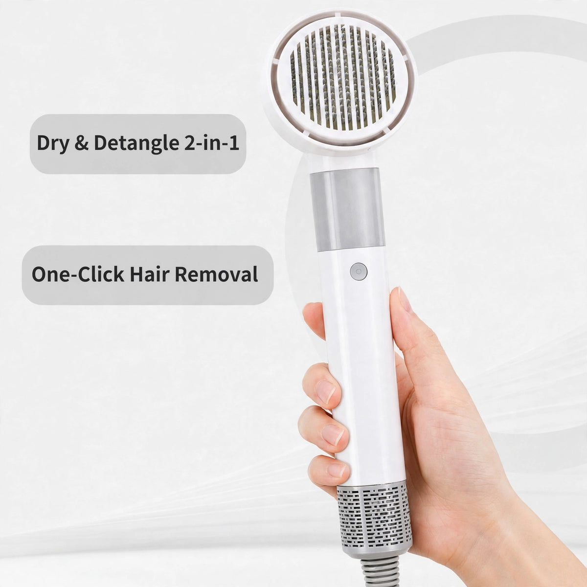 A hand holding the white 2-in-1 pet hair dryer brush showing its round pin brush head, with text labels Dry & Detangle 2-in-1 and One-Click Hair Removal.