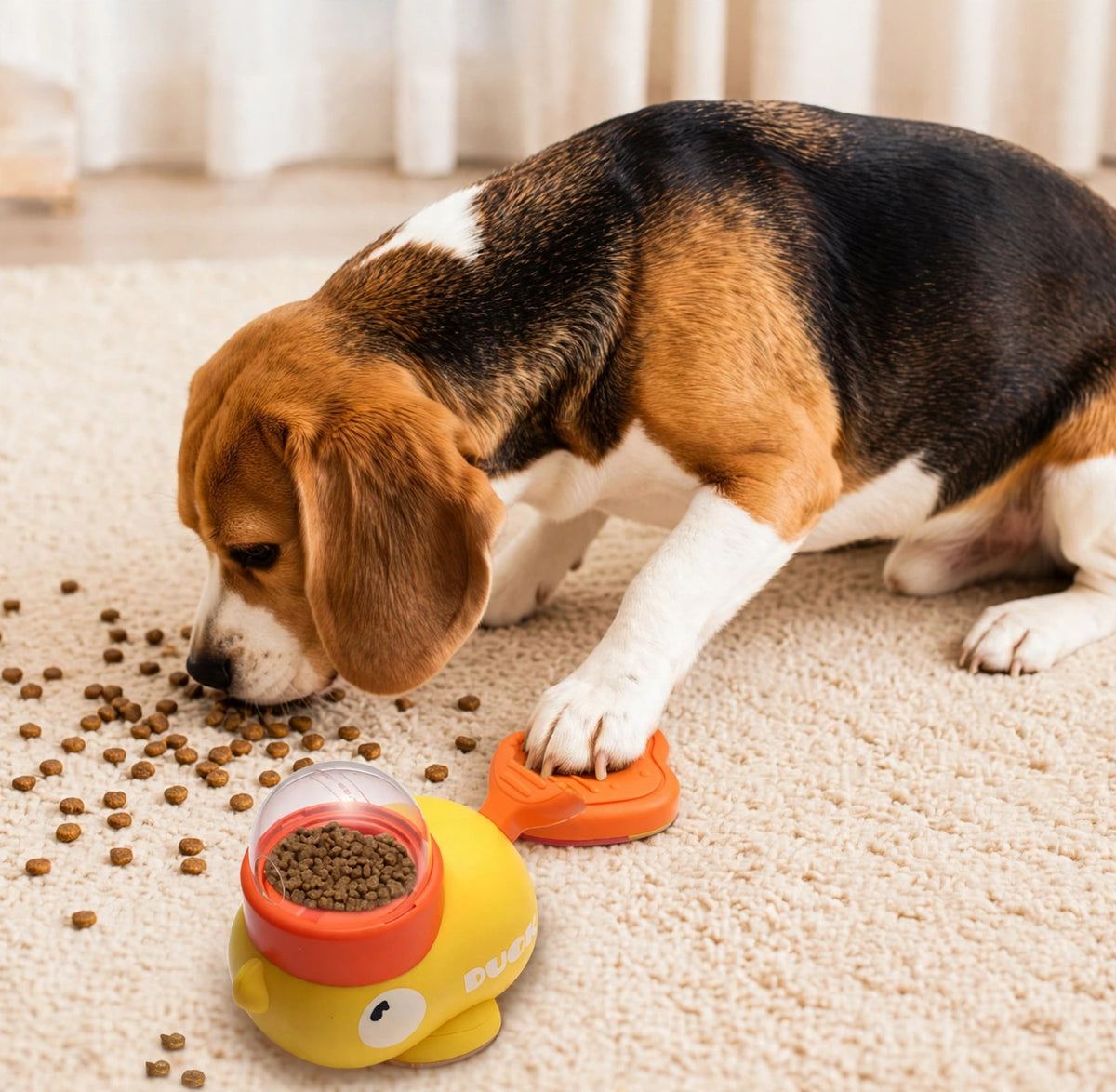 A tricolor Beagle sniffing scattered kibble on a carpet while its paw rests on the orange tail pedal of the yellow duck treat dispenser.