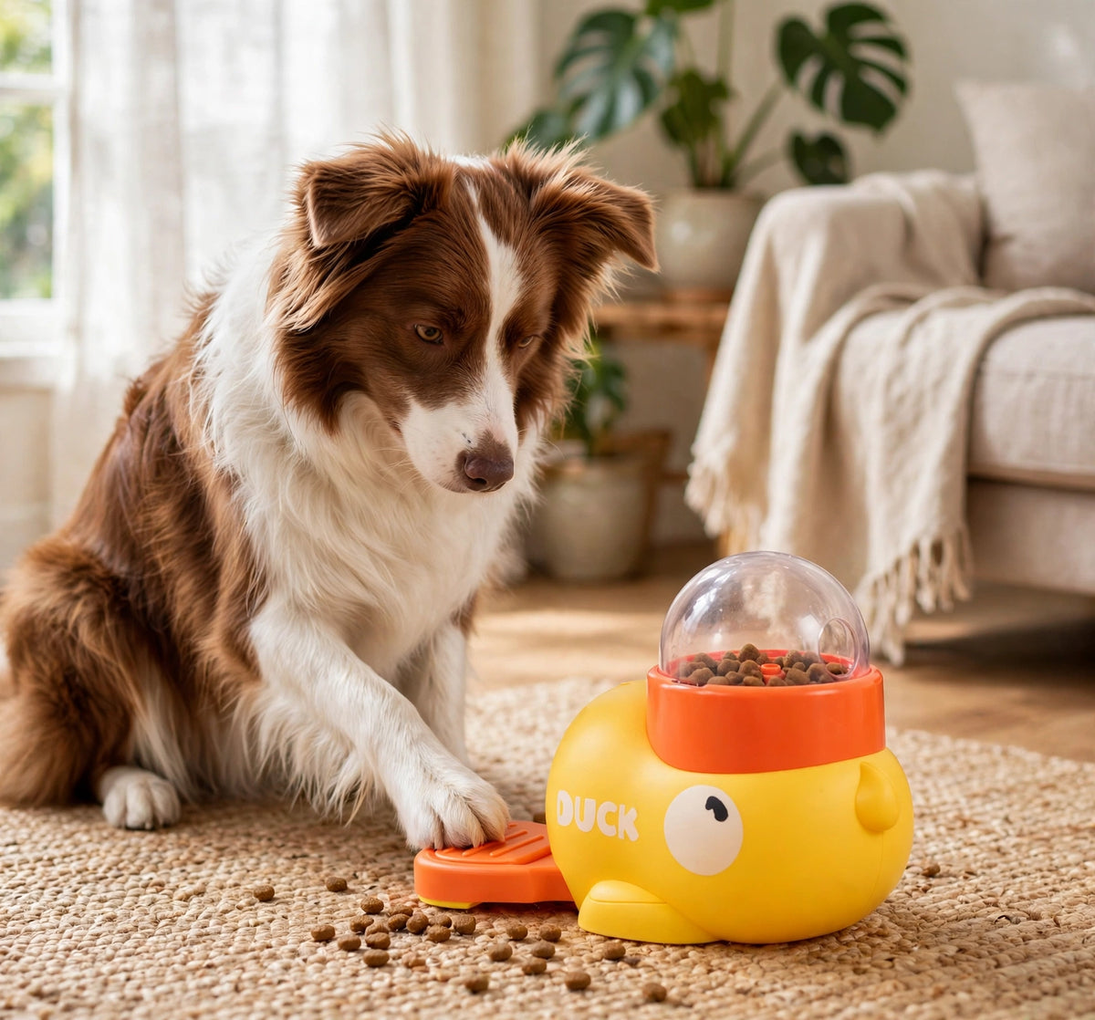 A brown and white Border Collie pawing at the orange tail pedal of the yellow duck treat dispenser, with kibble spilled on a living room rug.