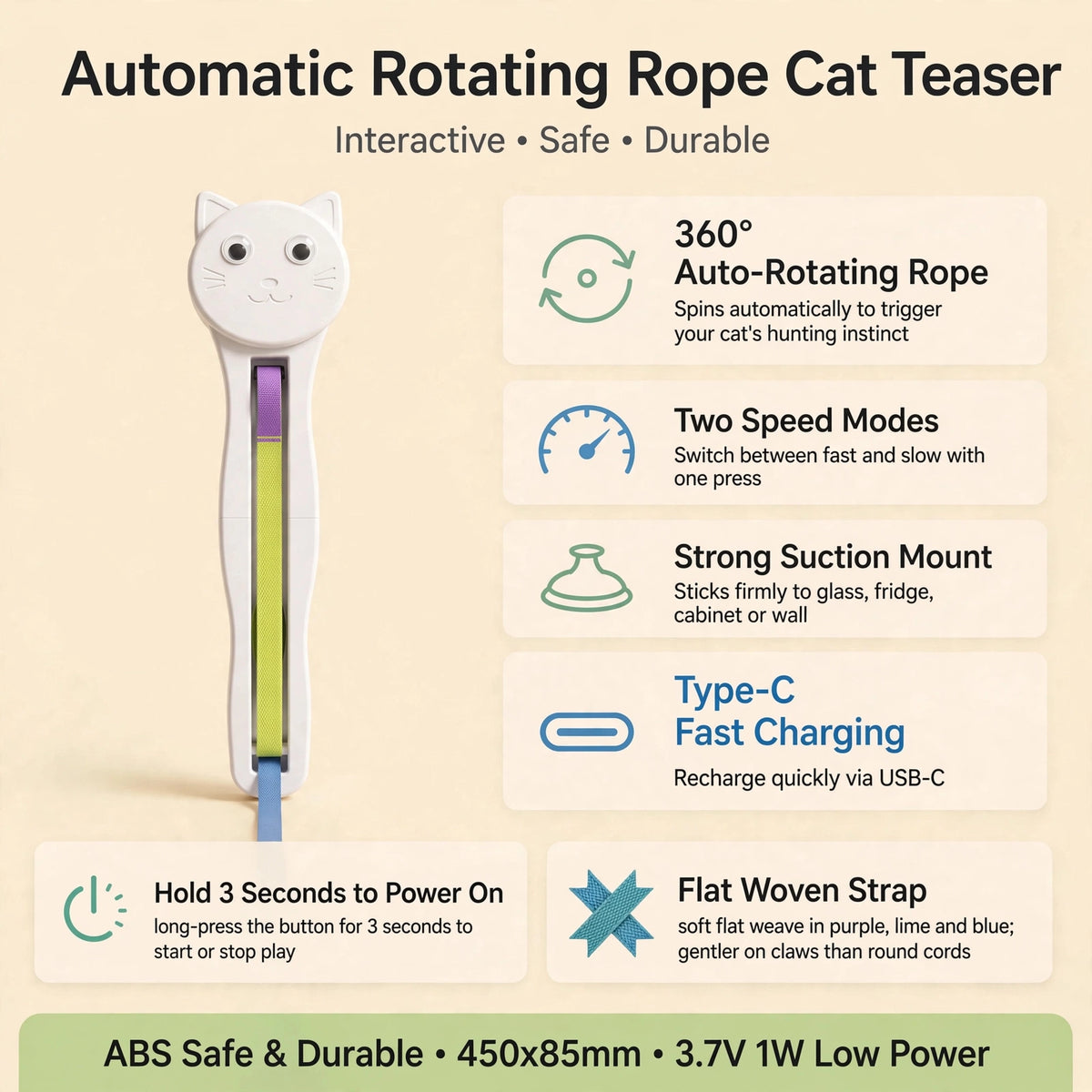 Infographic of the automatic rotating rope cat teaser listing features: 360-degree auto-rotating rope, two speed modes, strong suction mount, Type-C fast charging, 3-second power-on, and flat woven strap in purple, lime, and blue.