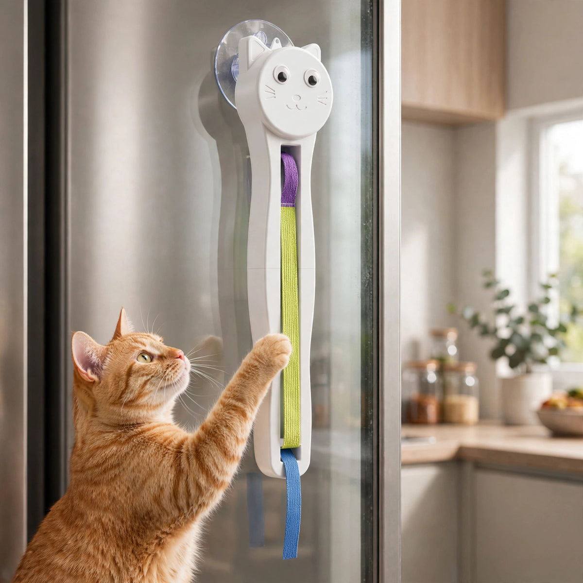 An orange tabby cat reaching up to bat at the colorful woven strap of the white cat-face-shaped teaser suction-cupped to a glass kitchen door.