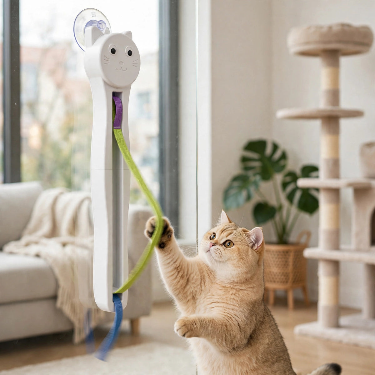 A golden cat standing on its hind legs batting at the colorful woven strap of the white cat-face-shaped teaser suction-cupped to a glass door in a bright living room.