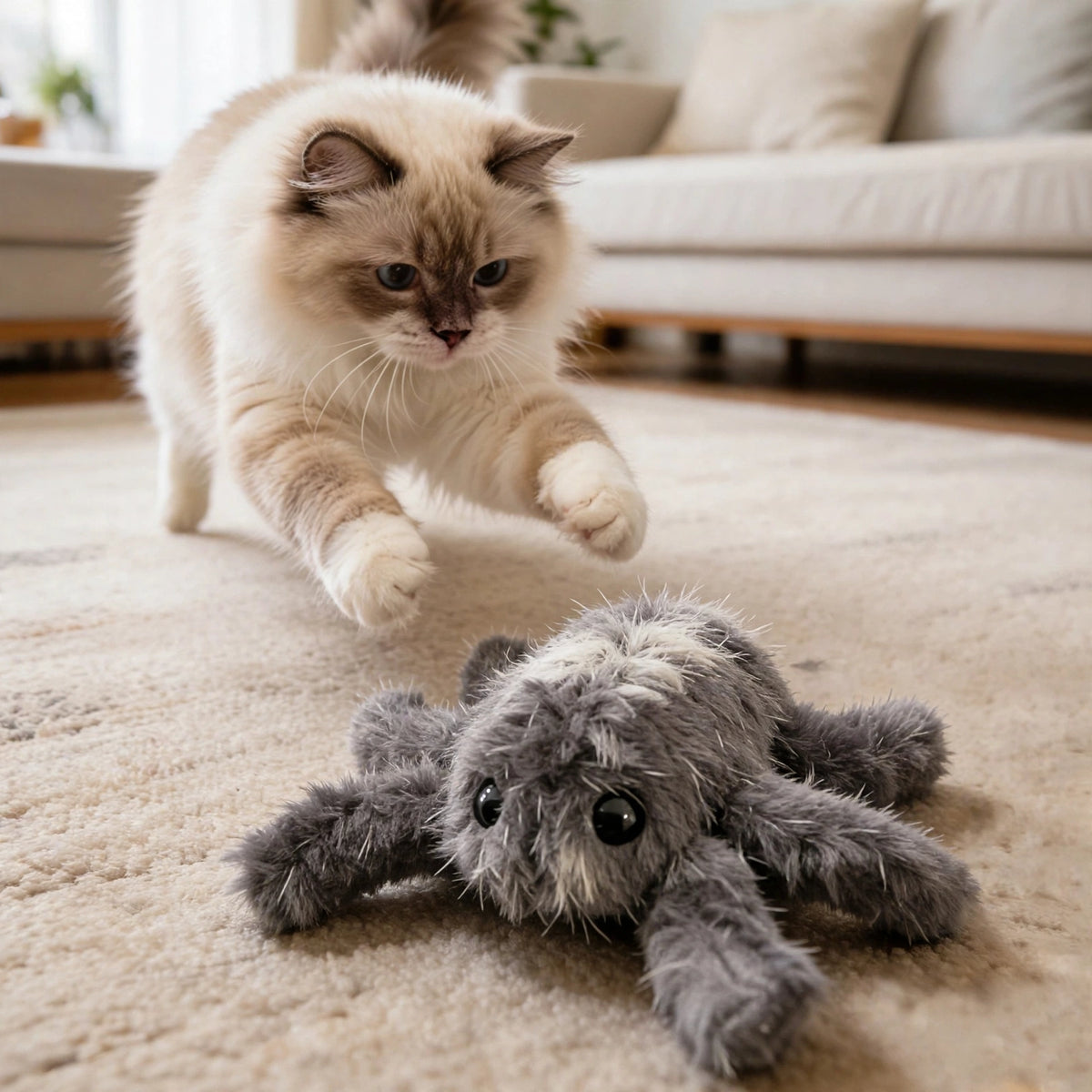 A fluffy cream-colored cat pouncing toward the gray plush spider toy on a living room carpet.