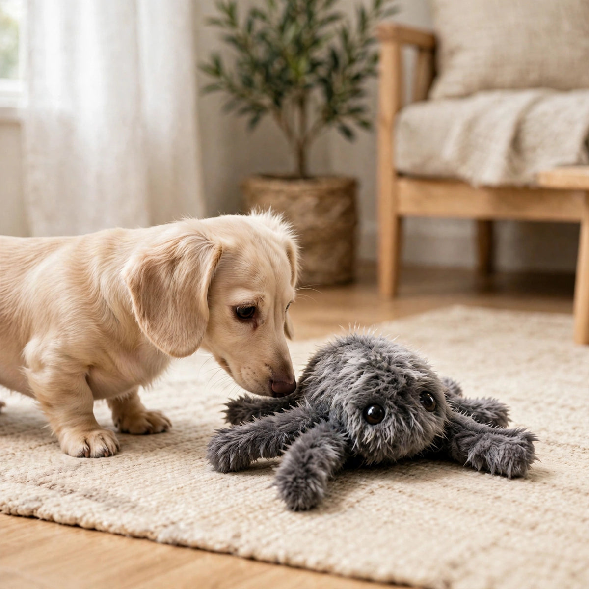 A cream-colored dachshund puppy sniffing the gray plush spider toy on a living room rug.