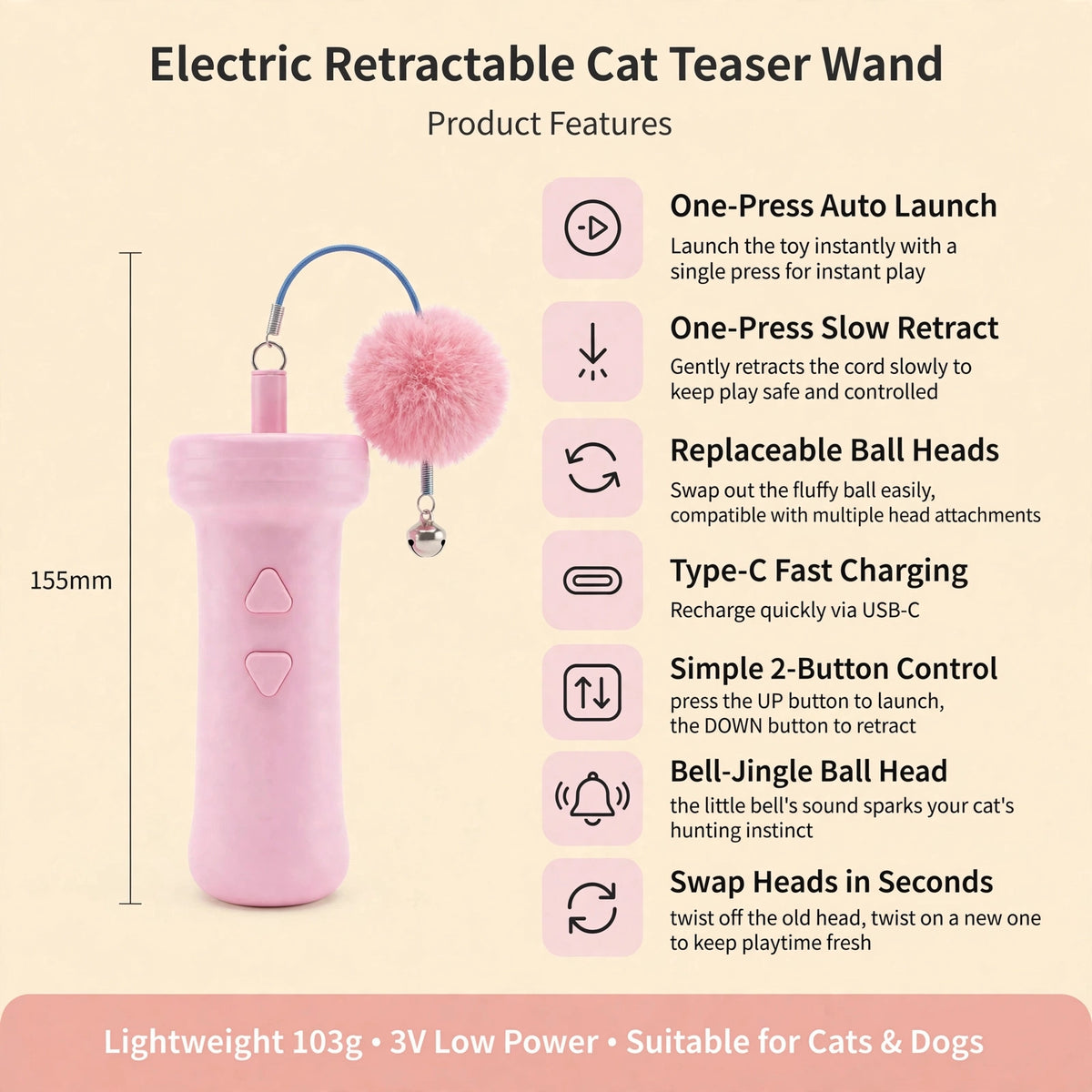 Infographic titled Electric Retractable Cat Teaser Wand Product Features showing the pink wand and listing one-press auto launch, one-press slow retract, replaceable ball heads, Type-C fast charging, simple 2-button control, bell-jingle ball head, and 155mm size.
