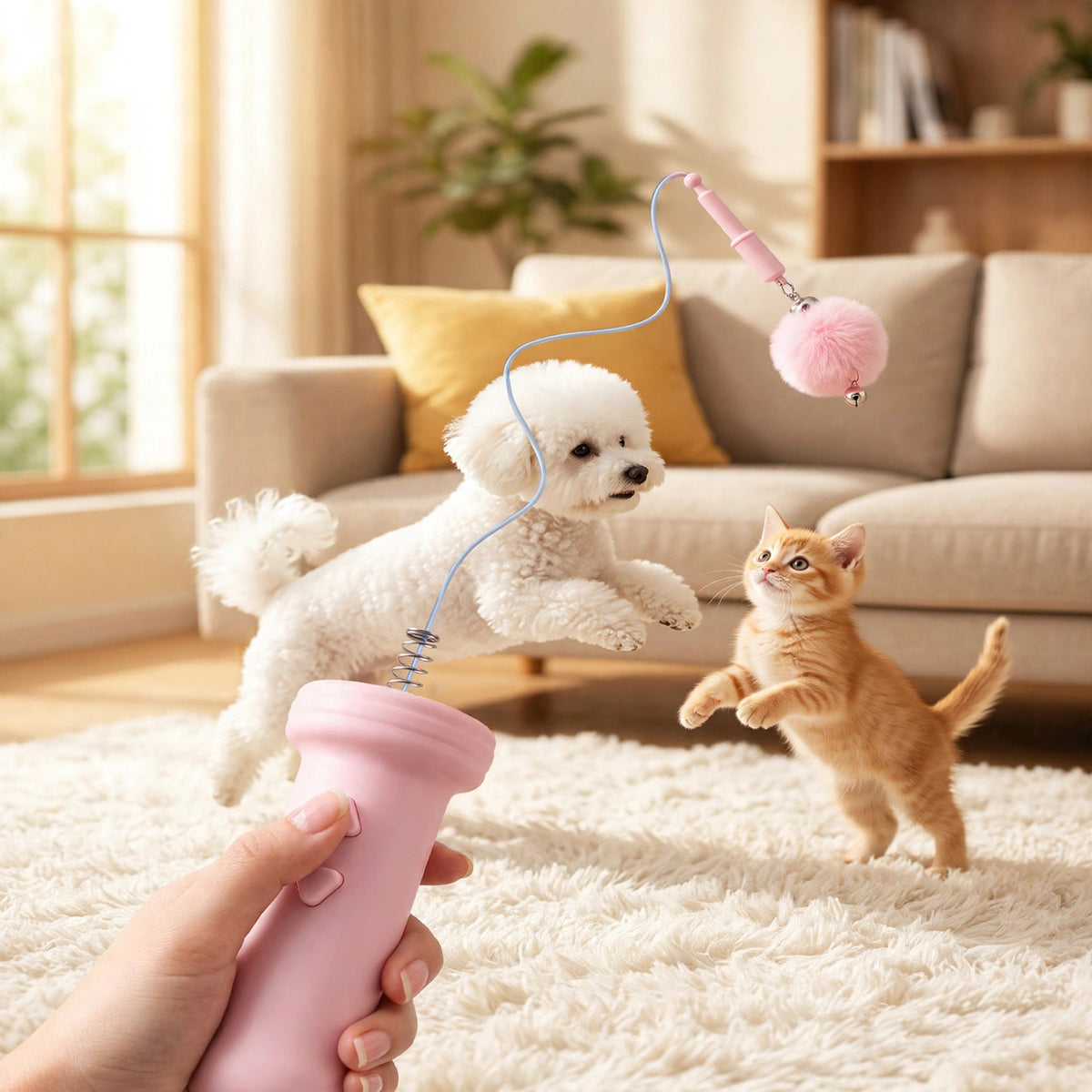 A hand holding the pink retractable teaser wand with its pom-pom dangling as a small white dog leaps and an orange kitten reaches up to play in a bright living room.