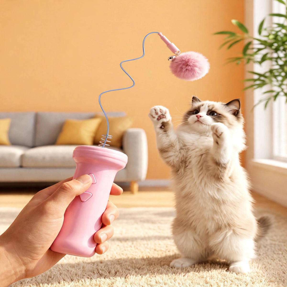 A hand holding the pink retractable teaser wand while a Ragdoll cat stands on its hind legs reaching for the fluffy pink pom-pom in a living room.