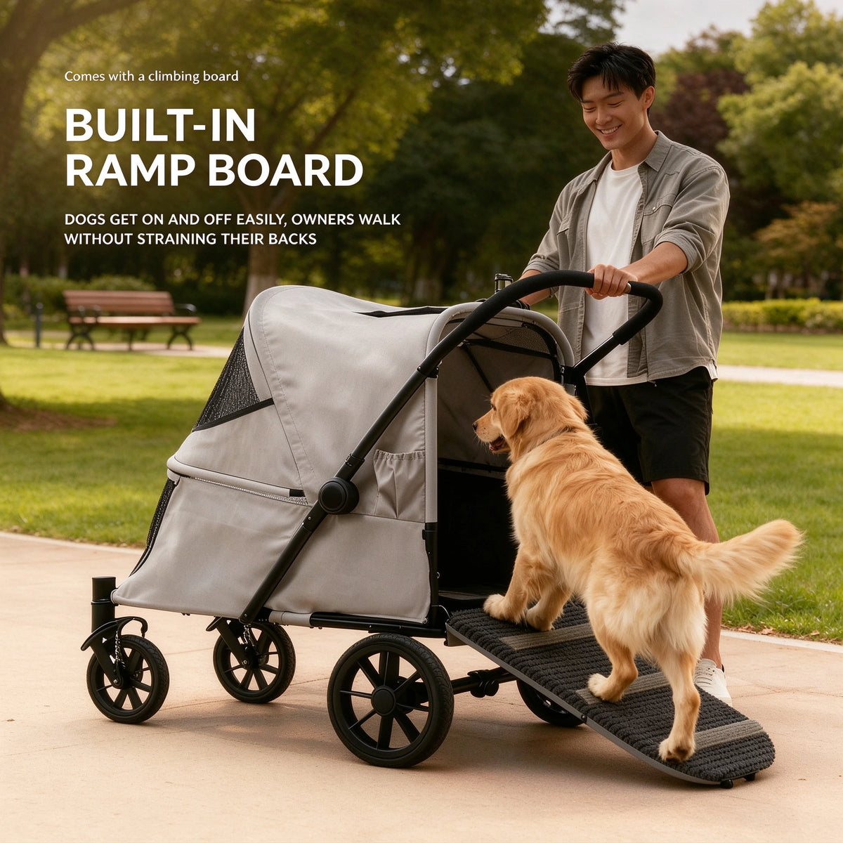 Patented Ramp Pet Stroller — Foldable Dog Trolley with Built-in Access Ramp