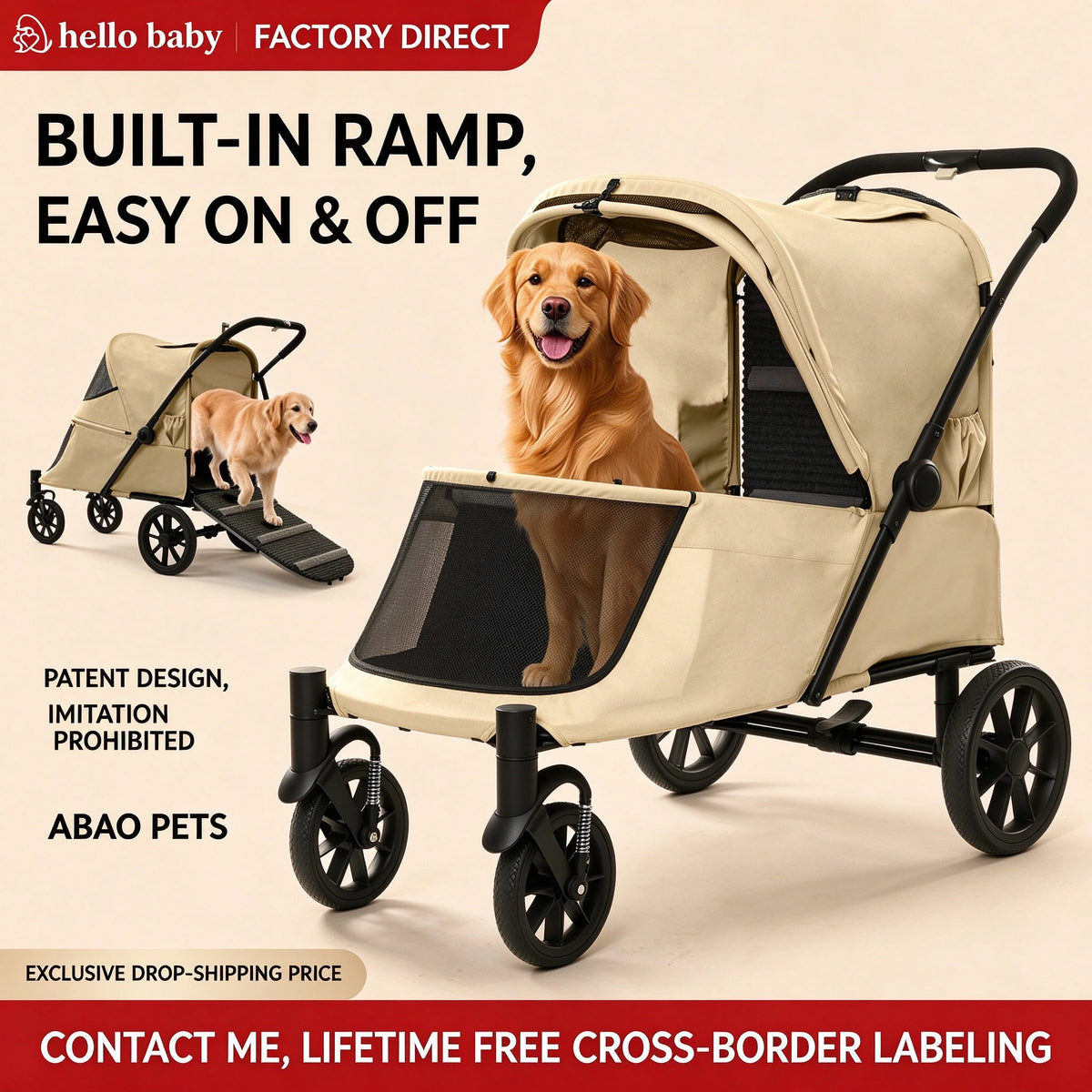 Patented Ramp Pet Stroller — Foldable Dog Trolley with Built-in Access Ramp