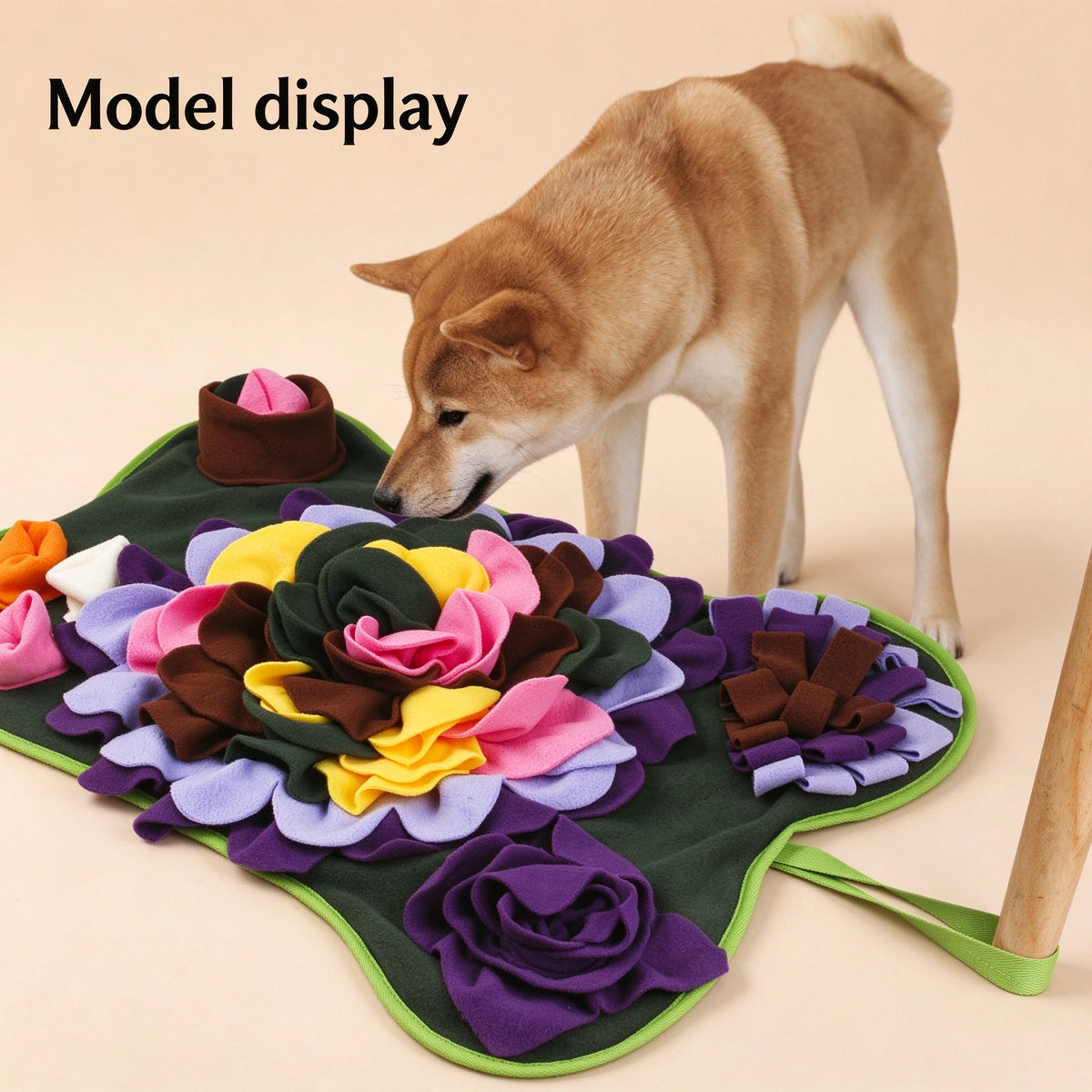 Shiba Inu sniffing a colorful flower snuffle mat, model display