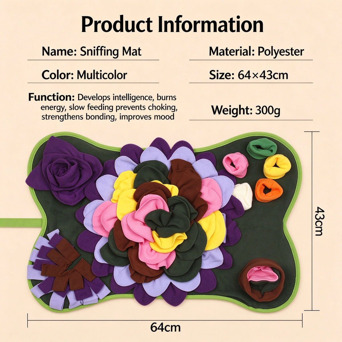 Snuffle mat product information: polyester, multicolor, 64x43cm, 300g, develops intelligence and burns energy