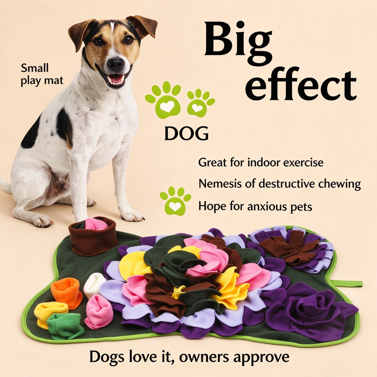 Jack Russell terrier sitting next to the flower snuffle mat, great for indoor exercise, nemesis of destructive chewing