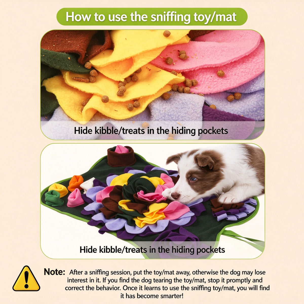 How to use the snuffle mat: hide kibble treats in the hiding pockets, puppy sniffing the flower mat