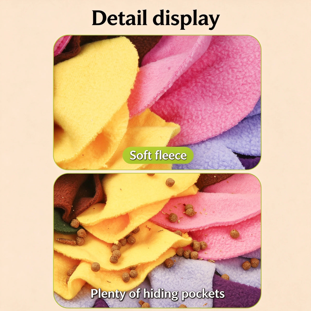 Close-up detail of the snuffle mat soft fleece petals, plenty of hiding pockets