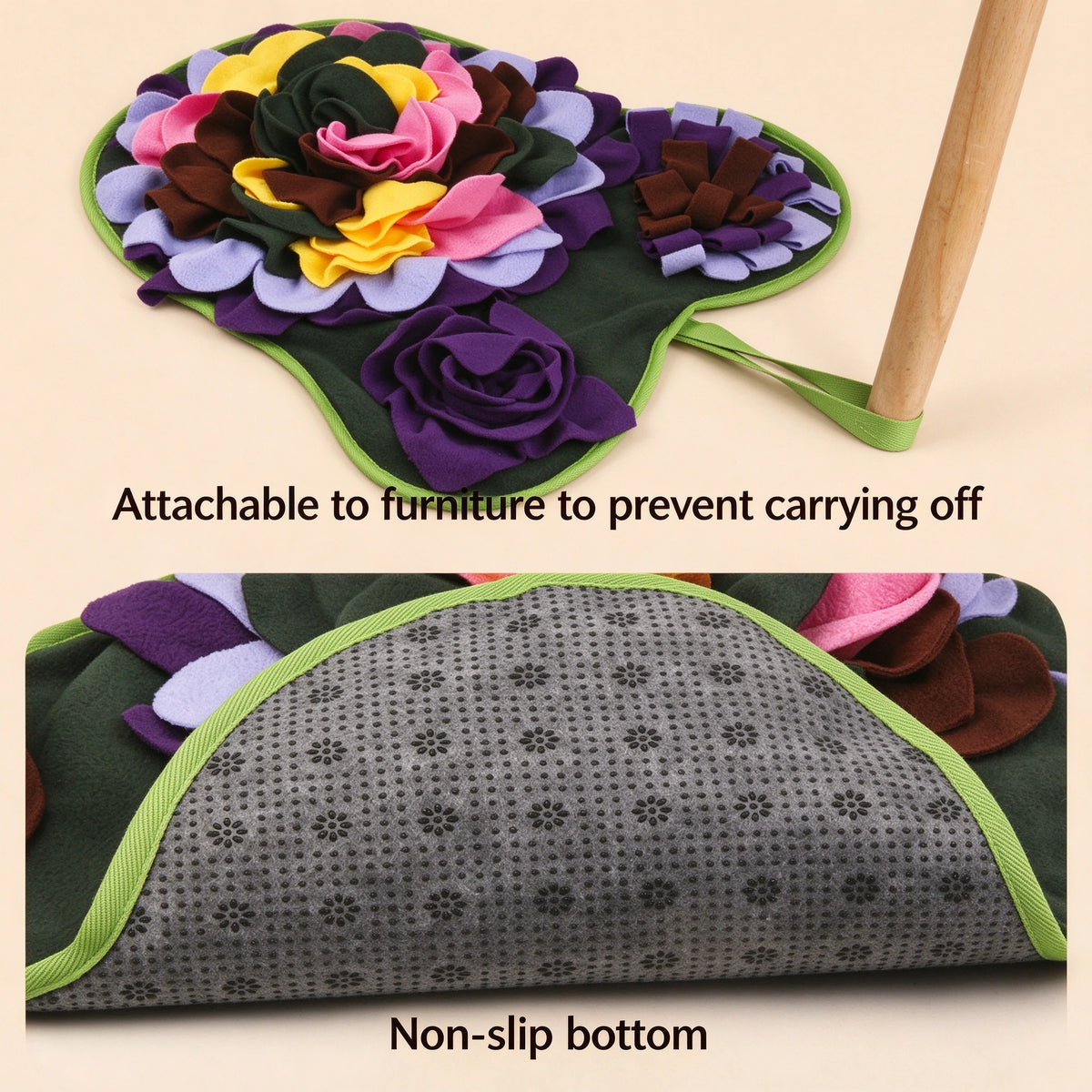 Snuffle mat attachable to furniture with strap, non-slip dotted bottom
