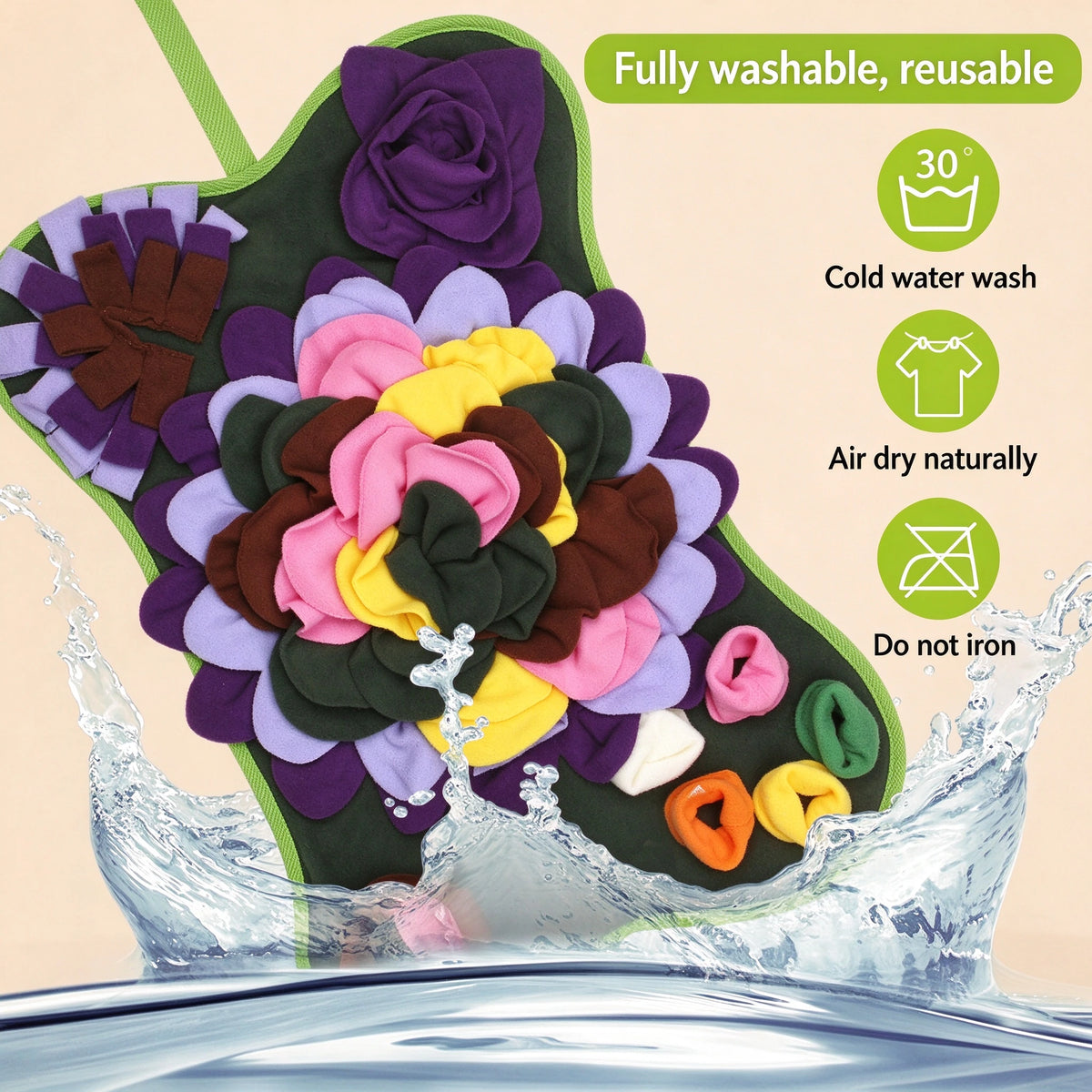 Snuffle mat fully washable and reusable, cold water wash, air dry naturally, do not iron