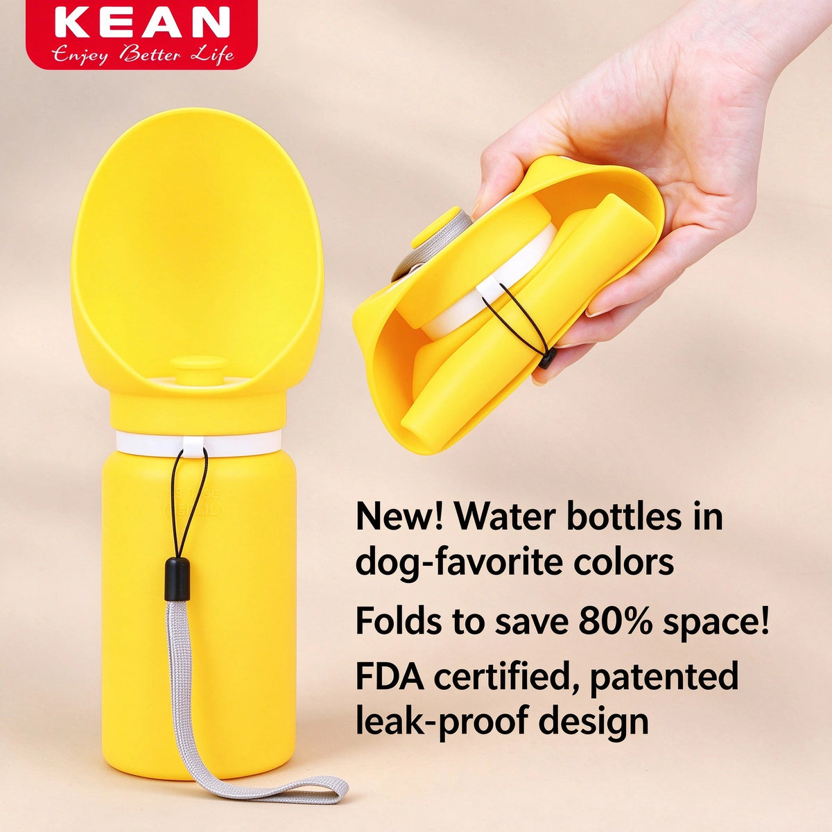 Yellow foldable dog water bottle, KEAN brand